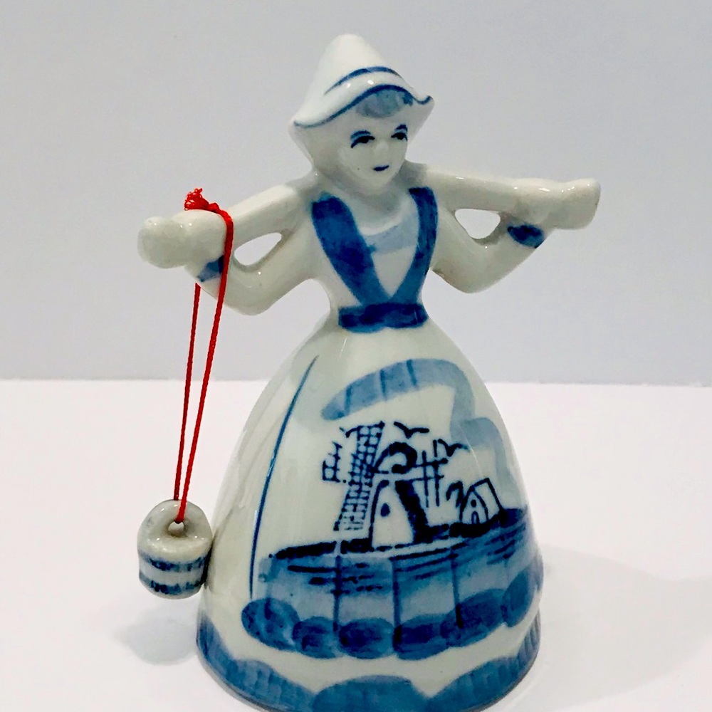 Vintage from 1950’s White and Blue Dutch Girl Figurine Hauling Water Basket 4.5”